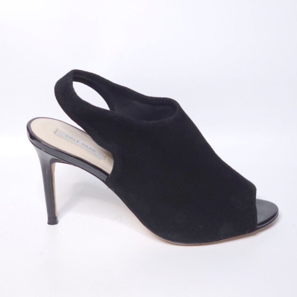 COLE HAAN Grand.OS Nene Black Suede Peep Toe Sandal Heels Shoes Classic Sz 6.5